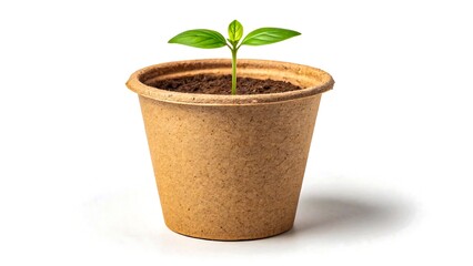 Small green sprout growing in a brown paper cup filled with soil on a white background