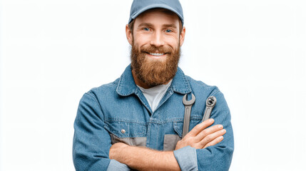 Smiling Bearded Repairman in Work Uniform Holding Wrench – Friendly Industrial Tradesman

