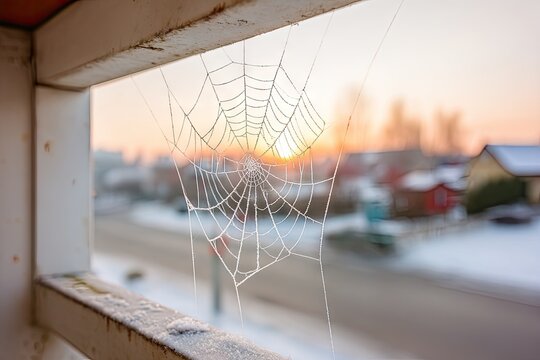 Frosted spiderweb at sunrise through a railing - Powered by Adobe