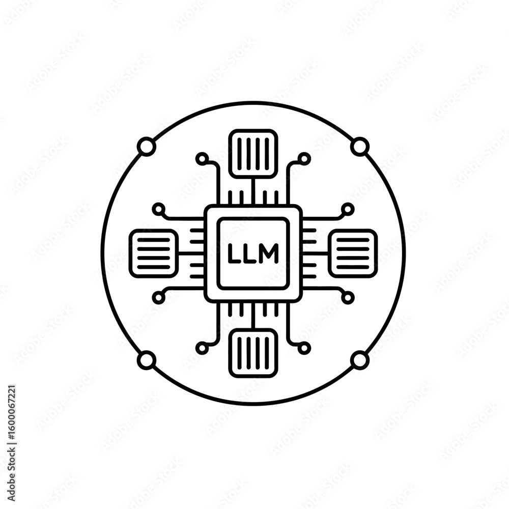 Poster abstract circular icon representing a central processor unit with llm label and connected nodes