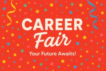 Vibrant career fair promotional graphic with colorful confetti and ribbons on a red background, displaying the text "Career Fair" and "Your Future Awaits!" in bold white letters.