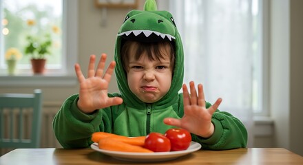 A funny little boy in a green dinosaur costume protests eating healthy food, refusing a plate of fresh vegetables.