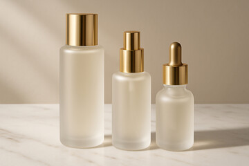 Mockup of elegant matte glass cosmetic bottles with golden caps on a minimalist marble background. Perfect for luxury skincare branding and packaging presentations.

