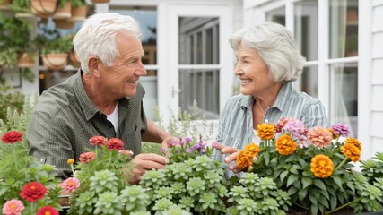 Elderly couple gardening outdoors with colorful flowers, smiling happily and enjoying peaceful, happy moments in bright garden setting - Powered by Adobe