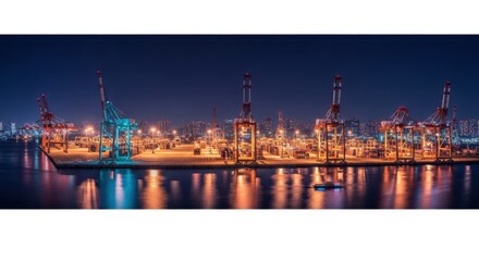 A panoramic view of a busy port at night with illuminated cranes reflecting on the