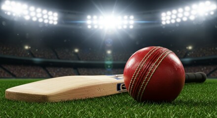 Cricket match atmosphere with bat and ball under stadium lights