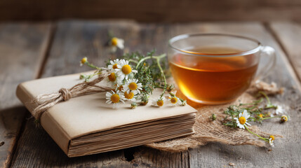 Notebook with Affirmations and Herbal Tea on Wooden Table - Self-Care Ritual Concept 