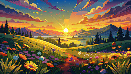 Golden Sunset Over Field: A breathtaking panorama unfolds as the setting sun casts its golden glow over a vibrant field of wildflowers, creating a stunning landscape