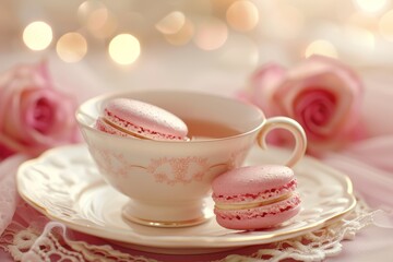 Fototapeta premium Charming pastel still life delicate teacup with macarons on lace, adorned with soft roses