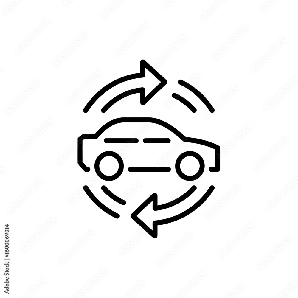 Poster simple line art icon representing a car with circular arrows indicating exchange or rotation