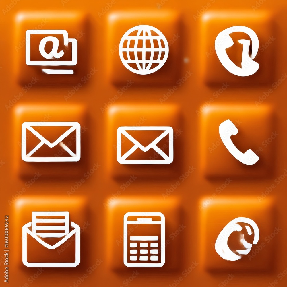 Poster orange icon array: contact and communication interface for modern business platforms and connectivit