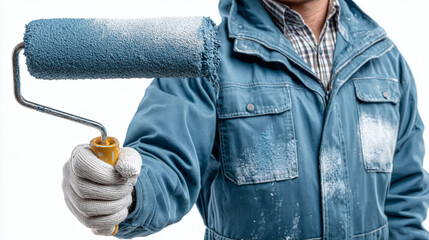 Close-Up of Painter Holding Paint Roller Wearing  Overalls and Plaid Shirt

