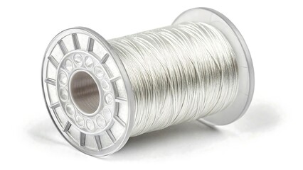 Spool of silver thread or yarn on white background for sewing and craft projects