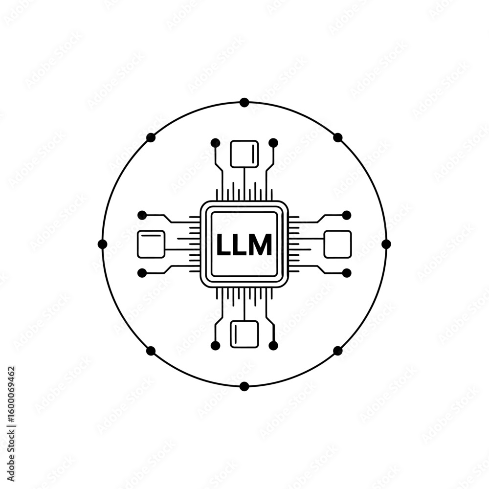 Poster abstract neural network chip with llm text in a circular diagram
