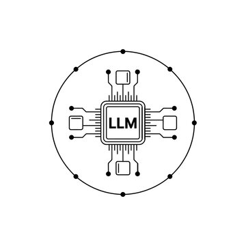 Abstract neural network chip with llm text in a circular diagram