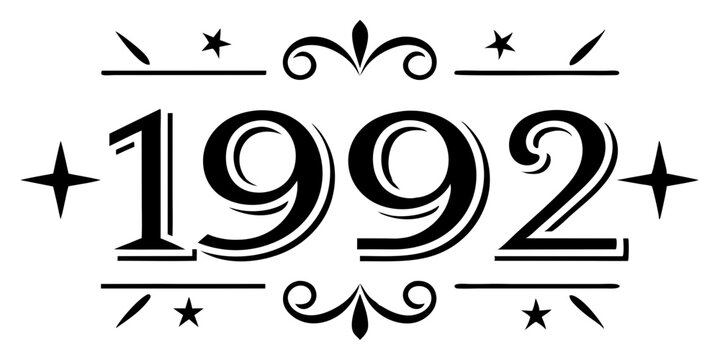 Ornate black numbers nineteen ninety two with stars and flourishes white background