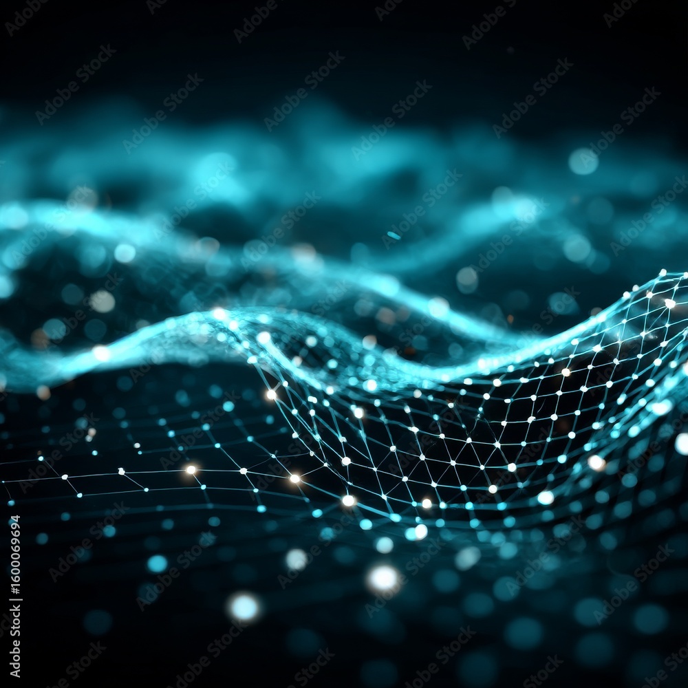Poster teal network: an abstract rendering of data connections and light, evoking technology, connectivity,