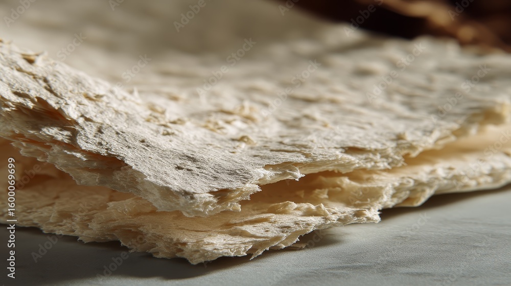 Poster closeup of textured handmade paper with visible pulp fibers and uneven edges, soft studio lighting h