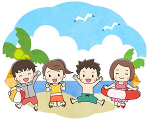 海でジャンプする子供たちのイラスト
