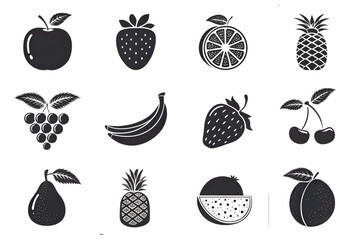 PNG collection of detailed silhouette illustrations of various fruits, like apple, grapes. orange strawberry, banana, water cherry, lemon, pear, pineapple ,pear isolated on a trapsparent background.  