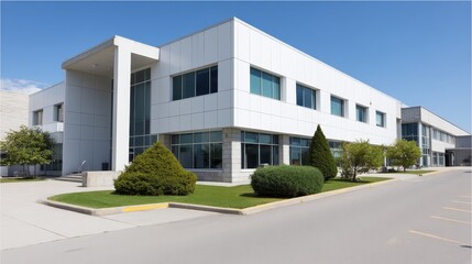 Eye-level architectural shot of a sleek modern building with large glass windows