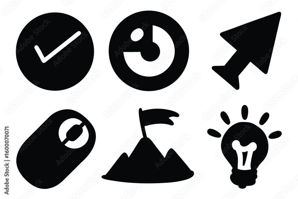 Poster checkmark timer cursor mouse mountain flag lightbulb set of silhouettes