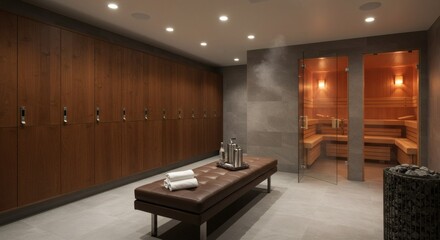 Luxurious wellness center interior featuring a clean locker room and a hot, steamy Finnish sauna for ultimate relaxation.