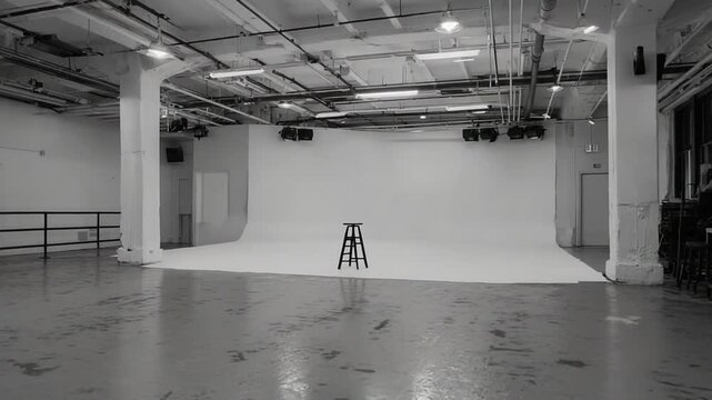 Spacious black and white studio featuring a cyclorama backdrop and minimal furniture for a