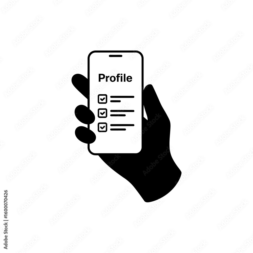 Poster hand holding smartphone displaying profile checklist with completed tasks