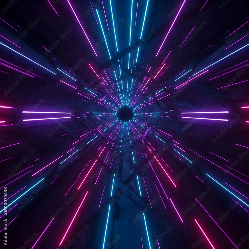 Poster dynamic tunnel of vibrant neon lights creating an abstract design, futuristic pattern with blue and 