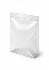 A single empty transparent plastic zipper pouch is photographed from a slightly
