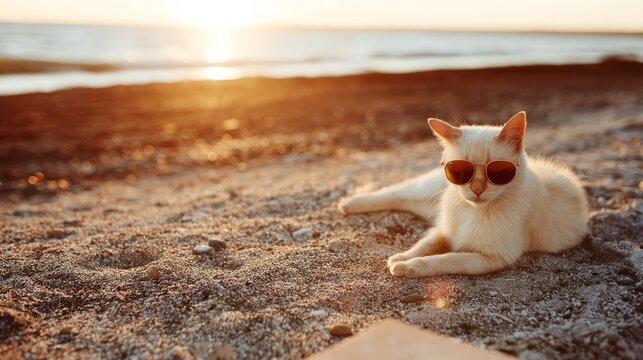 Relaxed white cat wearing stylish sunglasses lounging on sandy beach at sunset with ocean waves in background, joyful summer vibe and warm colors, copy space on right