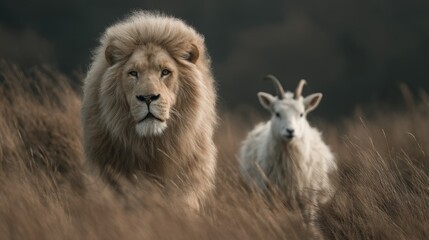 Fototapeta premium Albino Lion and Mountain Goat in a field of grass, wildlife harmony