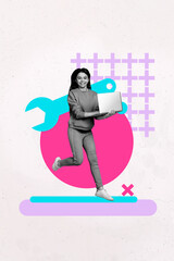 Surreal image collage of young person run fast using device wrench supply on white color background