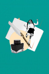 Composite zine art pop trend collage of happy schoolgirl stand ink pen feather notepad writing calligraphy subject education