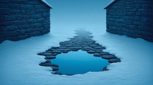 Two stone buildings with a snow covered cobblestone path and a reflective water puddle