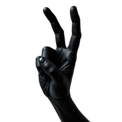 Black Glittery Hand Forming a Peace Sign Against a Transparent Background