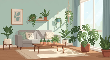 Interior living room with plants, sofa, and window in a modern, minimalist style.