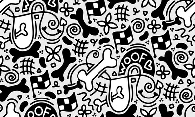Dog Bone vector dog paw doodle Seamless pattern. Packaging paper design, pet food accessories package.