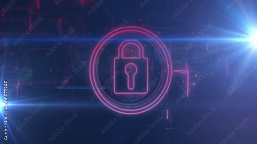 Poster lens flares starting neon padlock forming and pulsing within concentric rings representing security