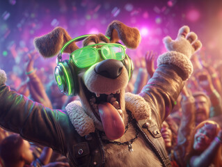 Dancing Dog Wearing Headphones at a Party