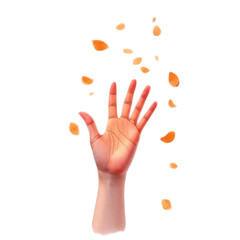 Hand Reaching Upward Among Falling Orange Petals on Transparent Background