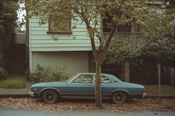 Fototapeta premium A classic car parked beside a house with a large tree.