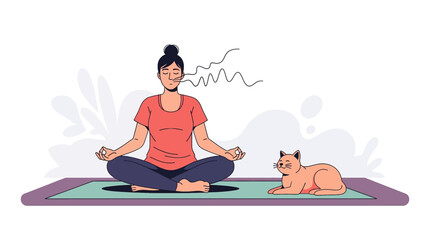 Woman meditating with cat, practicing mindfulness and self-care, relaxation and wellness.