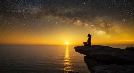 Silhouette of a person meditating on a high cliff overlooking the ocean, golden sunset blending into starry night sky, peaceful and spiritual atmosphere
