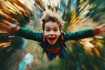 Generative AI image of joyful kid child baby in motion blurred background creating dynamic flying jumping effect