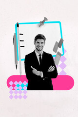 Image poster collage of person confident standing having board with list tasks on pastel color background