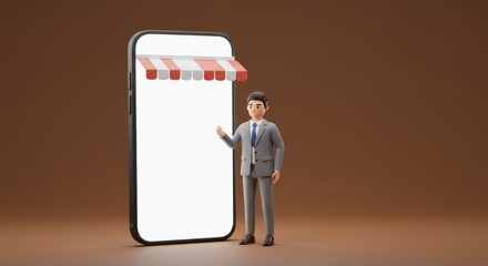 Businessman presenting online storefront on mobile device for e-commerce concept