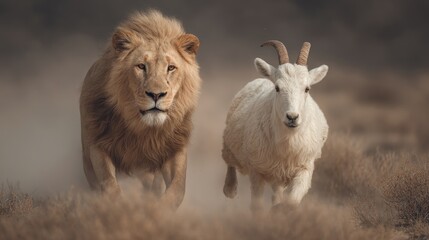 Fototapeta premium Lion and Goat on a Dusty Plain: An Unlikely Pursuit in Wild Nature