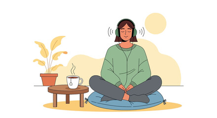 Woman meditating with headphones, enjoying tea and listening to music, relaxation concept